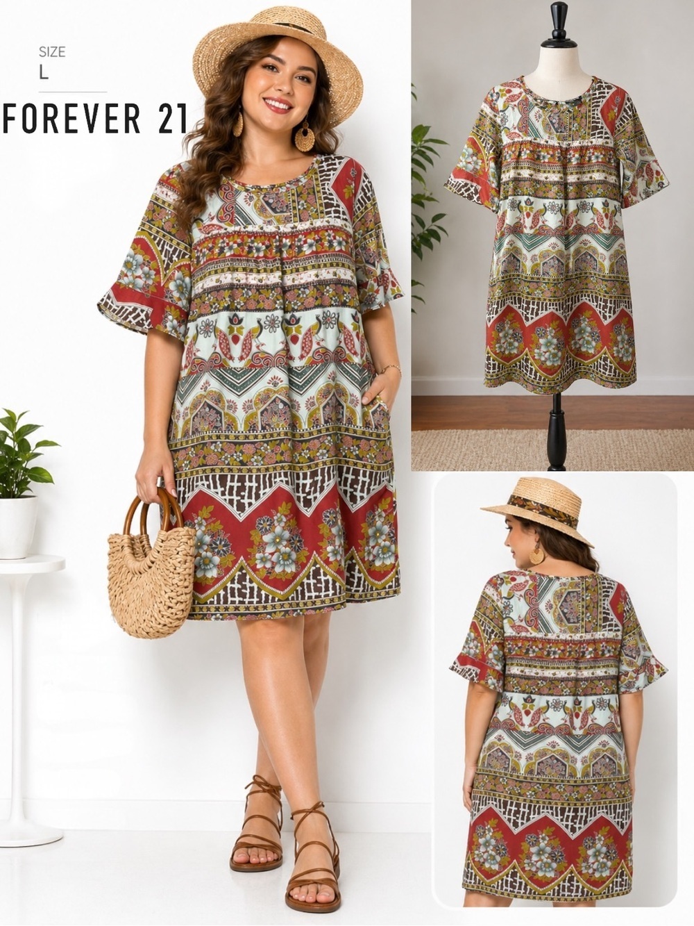 FOREVER 21 | NWOT Boho Patchwork Red & Cream Floral Peacock Shift Dress (L)